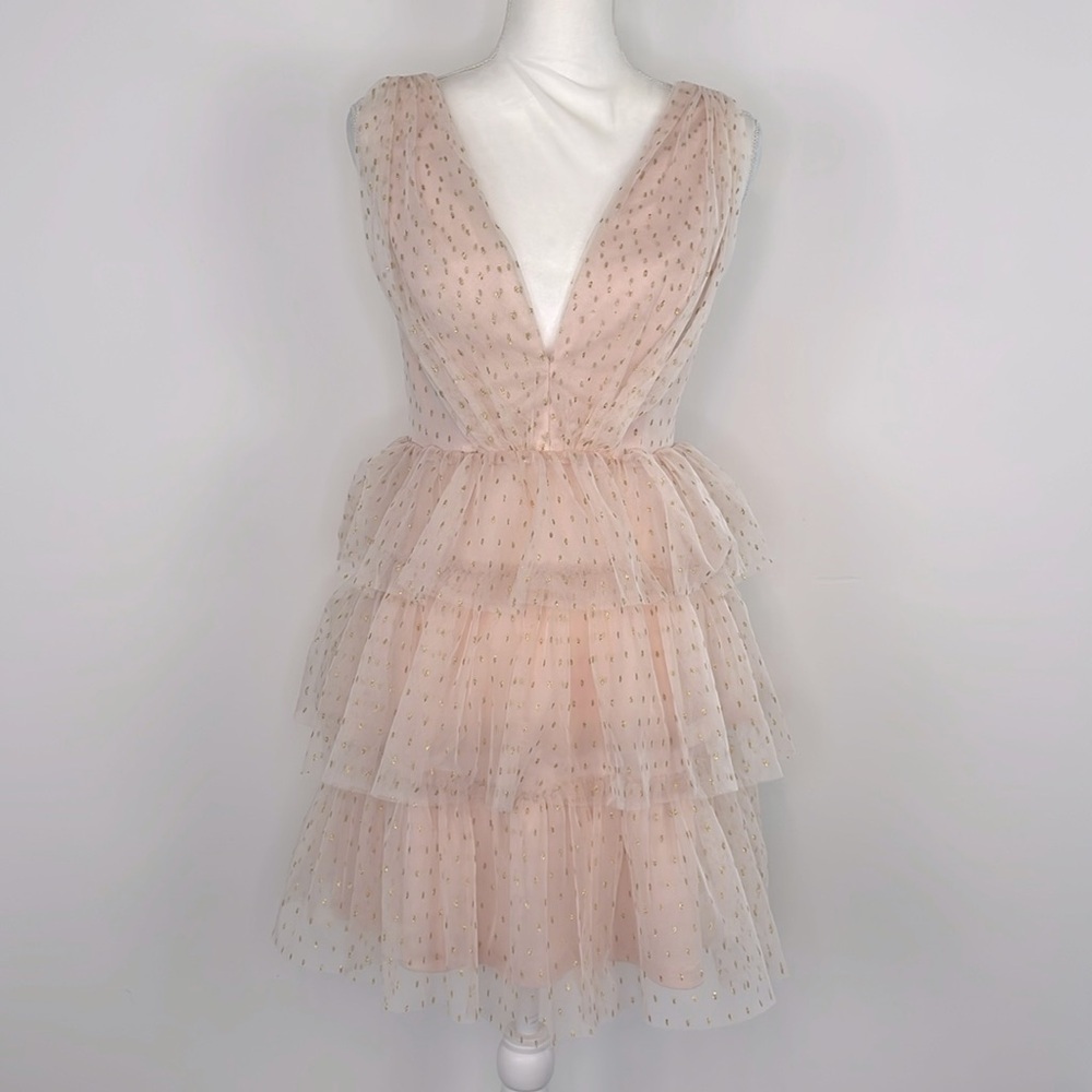 Lulu’s Blush Pink with Gold Dots Tiered Sleeveless Tulle Mini Dress. Size Small